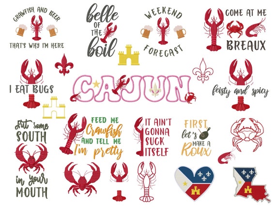 Cajun Crawfish Embroidery Design Bundle, Louisiana Patterns: Multiple Sizes