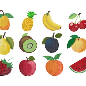 Zestaw wzorów do haftu maszynowego „Owoce”, wzory do haftu ściegiem wypełniającym, pliki do haftu kuchennego PES, wiśnia, gruszka, jabłko, morela, mango