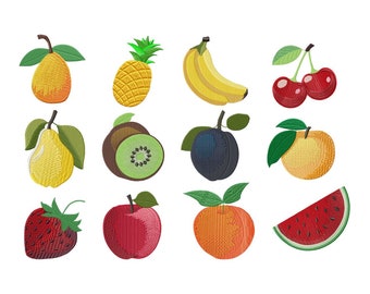 Fruits Machine Embroidery Designs Bundle, Fill Stitch Embroidery Patterns, Kitchen Embroidery Pes Files, Cherry, Pear, Apple, Apricot, Mango