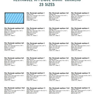 Pu&ograve; includere: Un grafico che mostra 23 diverse dimensioni di modelli di applique rettangolari con angoli acuti. Il grafico mostra il nome del file, il numero di punti, la dimensione in millimetri e pollici, e i punti di inizio e fine del modello. Il grafico &egrave; etichettato "Rectangle Applique Sharp Corners 23 Sizes".