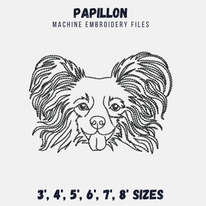 May include: Black and white line art embroidery design of a Papillon dog's head. The design is available in sizes 3 to 8 inches.  Machine embroidery files.