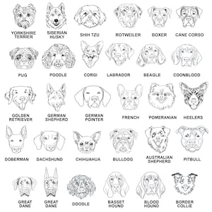 74 Dog Faces Machine Embroidery Designs, 1.5in - 8in, Back Stitch Outline