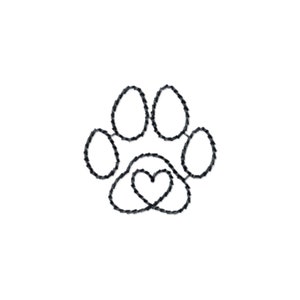 Puede incluir: Dibujo de línea en blanco y negro de una huella de pata con un corazón en el centro.
