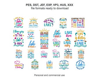 Lake Embroidery Deigns Bundle, Fishing Embroidery Patterns, Camping Embroidery Sayings, Lake Quotes Embroidery Files, Sun Rays Pes Files,