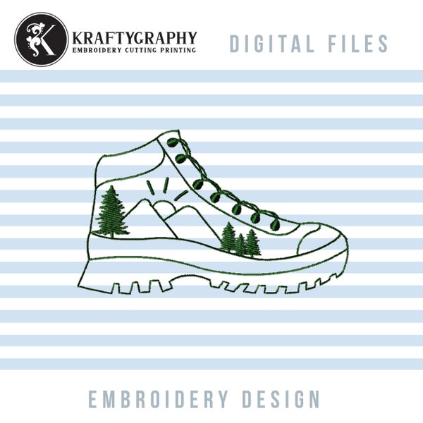 Hiking Boots Machine Embroidery Designs, Mountains and Pine Trees Embroidery Patterns, Hike Pes Embroidery Files, Outdoor Jef, Camping Hus