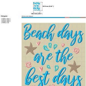 May include: Embroidered design with the text "Beach days are the best days" in blue cursive font. The design includes starfish, hearts, and waves in pink and blue.