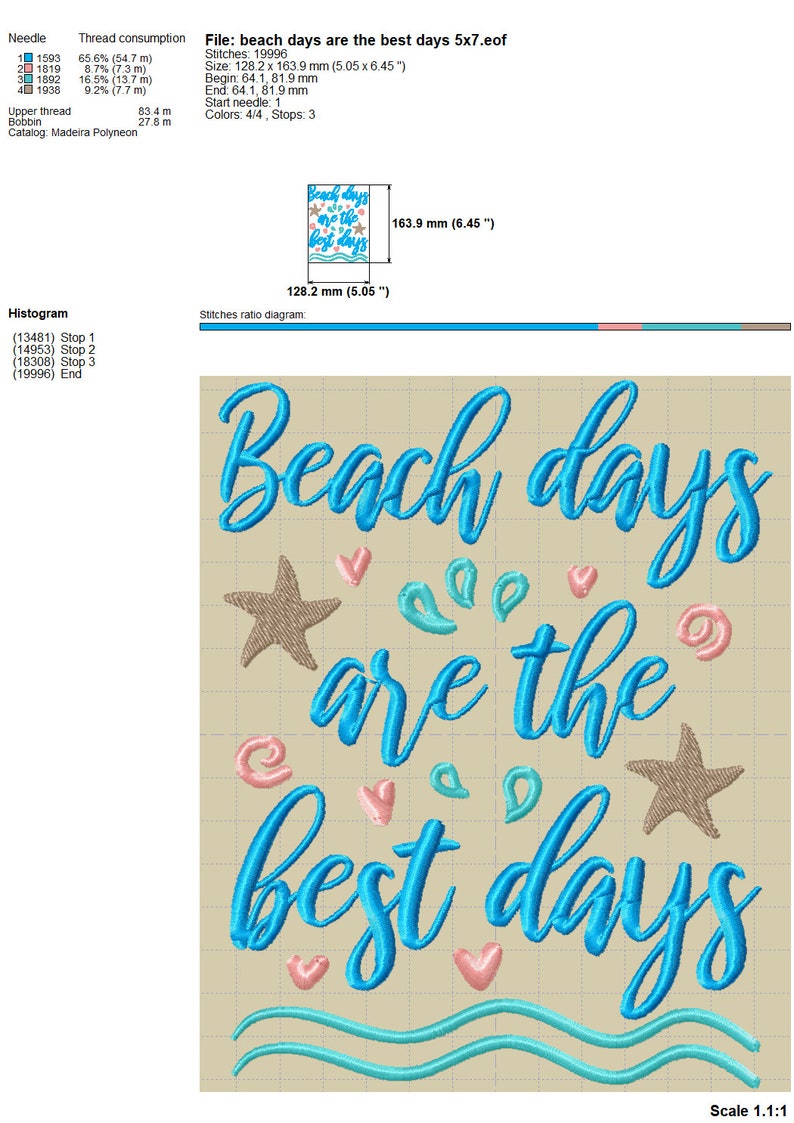 May include: Embroidered design with the text "Beach days are the best days" in blue cursive font. The design includes starfish, hearts, and waves in pink and blue.