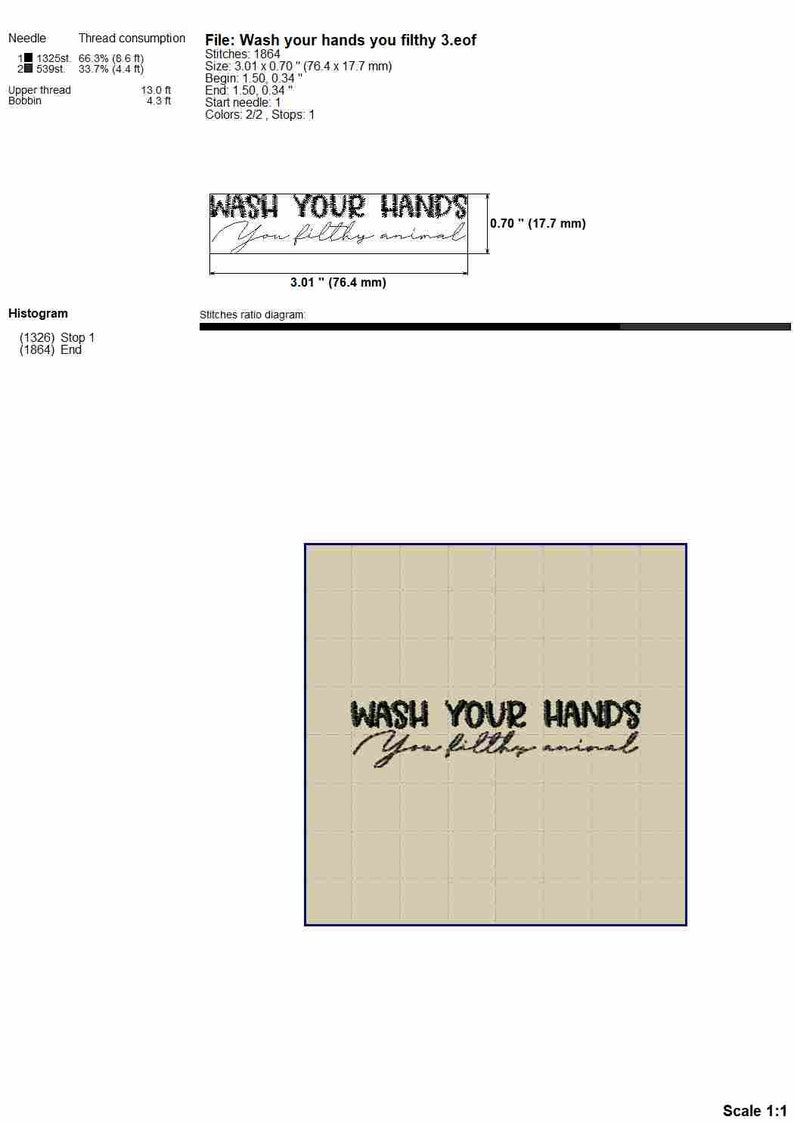 May include: Black and white embroidery design of the text "Wash your hands you filthy animal" on a beige background. The design is 3.01 inches wide and 0.70 inches tall.