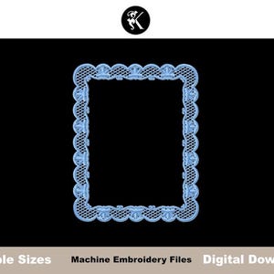 May include: A light blue, rectangular embroidery design with a scalloped edge and floral accents. The design is set against a black background. The text at the bottom reads "Multiple Sizes Machine Embroidery Files Digital Download."