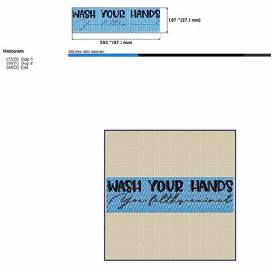 May include: A blue and black embroidery design for a rectangular patch that reads "Wash Your Hands You Filthy Animal". The design is 3.83 inches by 1.07 inches.