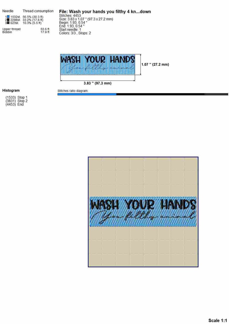 May include: A blue and black embroidery design for a rectangular patch that reads "Wash Your Hands You Filthy Animal". The design is 3.83 inches by 1.07 inches.