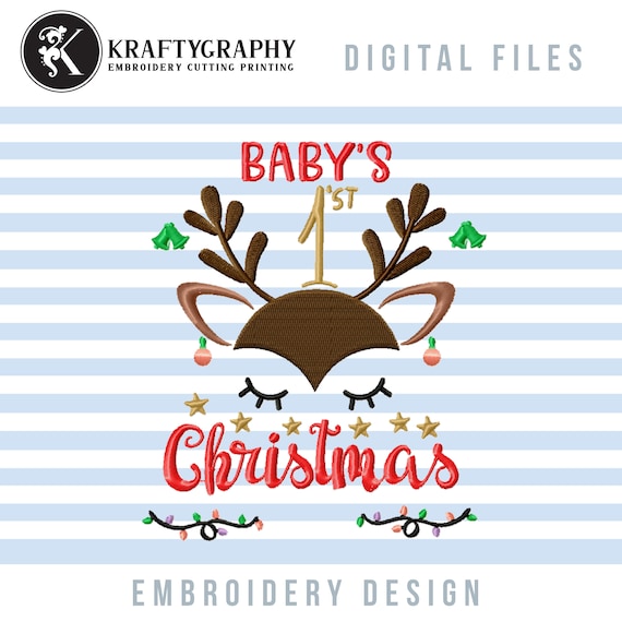 Deer Head Embroidery Pes, Deer Face Hus Files, Baby's First Christmas Embroidery Designs, 1st Christmas Embroidery Patterns for Baby,