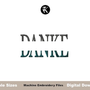 May include: The image features the word "DANCE" in two different styles. The top word is in a textured gray font, while the bottom word is in a teal font. A black circular logo with a white illustration is at the top.