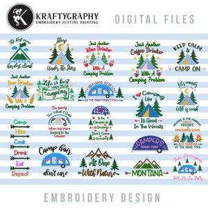Mountain Camping Machine Embroidery Designs Bundle, Camper Embroidery Patterns, Mountain Applique, Forest and Tent Pes Files, Drinking Jef