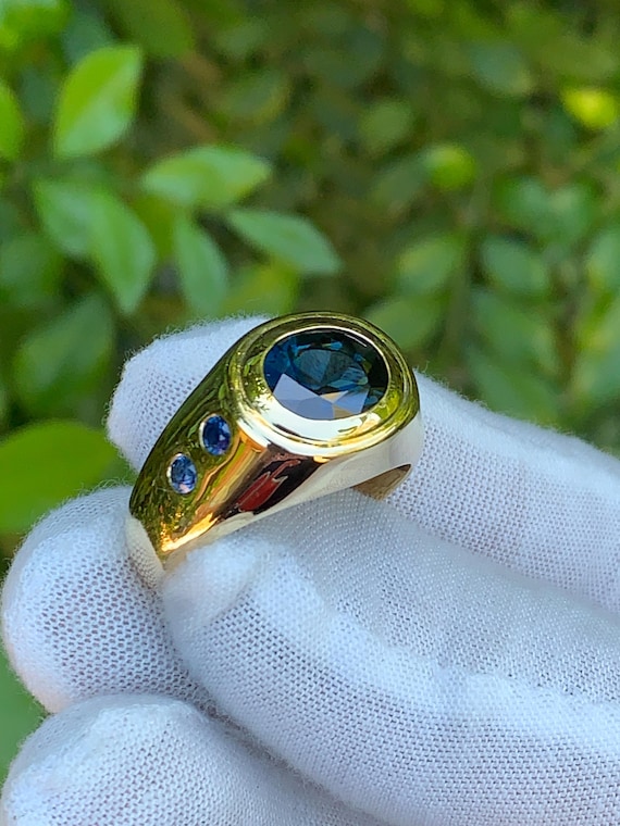 4.2カラット ブルー サファイア シグネット リング、ソリッド 18K 