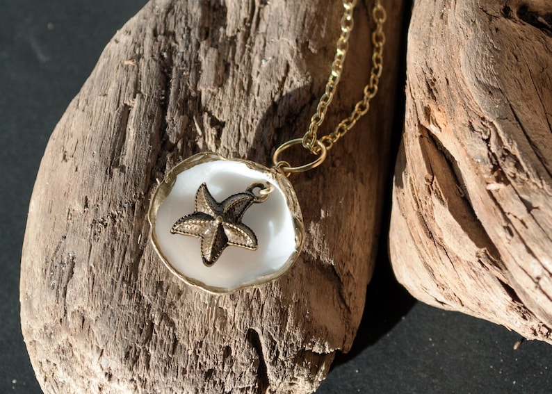 Beach Necklace Hand Painted Shell with Starfish Necklace Custom Ocean Necklace