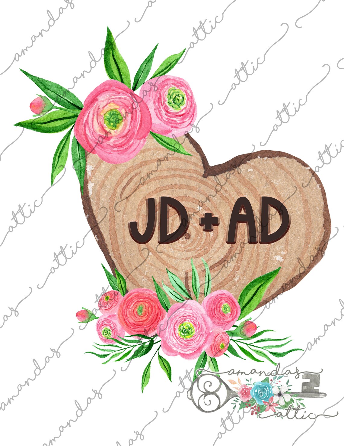 Wood Heart Initials You Customize, Flowers, Love, Valentine's Day, PNG