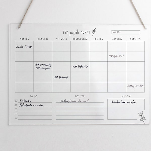 Planificador mensual A3 acrílico | Calendario mensual | El planificador de pared del mes se puede limpiar con un paño | Calendario de pared sin fecha | Lista de tareas pendientes | Vidrio acrílico
