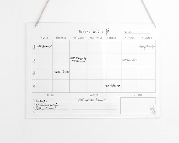Familienplaner A3 Acryl | Acrylplaner | Wochenplaner für die Familie | Wandkalender | Unsere Woche Kalender | abwischbar | DIN A3