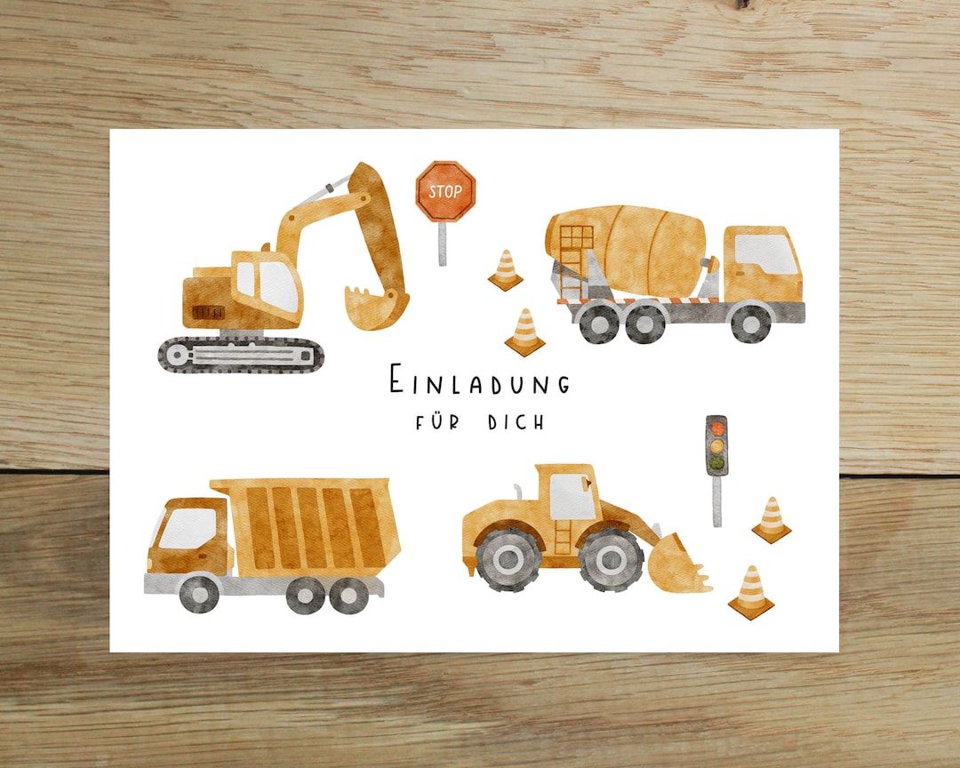 5x / 10x Einladungskarten Kindergeburtstag Bagger | Einladung für ...