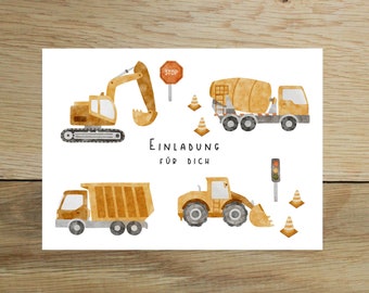 5x / 10x invitation cards children's birthday excavator | Invitation for children - construction site | Children's birthday - invitation with vehicles | DIN A6