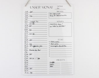 Monthly planner A4 acrylic | Monthly calendar | Wall planner for the month wipeable | Wall calendar undated | To do list | Monthly planner acrylic glass