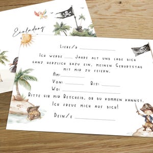 May include: A printable birthday invitation with a pirate theme. The invitation has a watercolor illustration of a palm tree, a treasure chest, and a pirate ship. The text on the invitation reads: "I will be [age] years old and invite you to celebrate my birthday with me. Please let me know if you can come. I look forward to seeing you!"