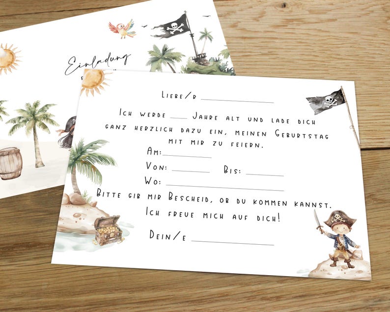 May include: A printable birthday invitation with a pirate theme. The invitation has a watercolor illustration of a palm tree, a treasure chest, and a pirate ship. The text on the invitation reads: "I will be [age] years old and invite you to celebrate my birthday with me. Please let me know if you can come. I look forward to seeing you!"