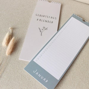May include: A light blue and white calendar with the text "GEBURTSTAGS KALENDER" and a small flower illustration. The calendar is open to January and has numbered days from 19 to 31.