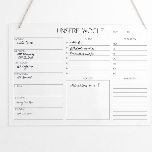 Weekly planner A4 acrylic | Wall planner for the week can be wiped clean | Wall calendar | To Do List | Menu planner | Weekly overview | Acrylic glass