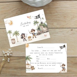 May include: A printable invitation card with a pirate theme. The card features a watercolor illustration of two pirates, a treasure chest, a pirate ship, and a palm tree. The text on the card reads "Einladung for dich" and "Liebe/r, Ich werde... ganz herzlich dazu ein, meinen Geburtstag mit mir zu feiern. Am... Von... Bis... Bitte gib mir Bescheid, ob du kommen kannst. Ich freue mich auf dich! Dein/"