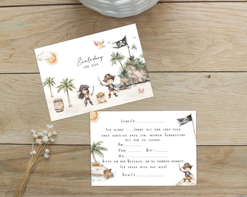May include: A printable invitation card with a pirate theme. The card features a watercolor illustration of two pirates, a treasure chest, a pirate ship, and a palm tree. The text on the card reads "Einladung for dich" and "Liebe/r, Ich werde... ganz herzlich dazu ein, meinen Geburtstag mit mir zu feiern. Am... Von... Bis... Bitte gib mir Bescheid, ob du kommen kannst. Ich freue mich auf dich! Dein/"