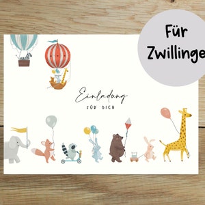 5x / 10x Zwillinge Einladungskarten | Einladung für Zwillinge | Kindergeburtstag - Einladung mit Tieren | Kinder Einladung | DIN A6