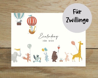 5x / 10x Zwillinge Einladungskarten | Einladung für Zwillinge | Kindergeburtstag - Einladung mit Tieren | Kinder Einladung | DIN A6