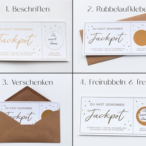 May include: A four-part instructional graphic showing a white rectangular lottery-style ticket with gold text reading DU HAST GEWONNEN Jackpot and Du wirst Oma. The ticket features a gold scratch-off circle and small star icons, paired with a brown envelope.