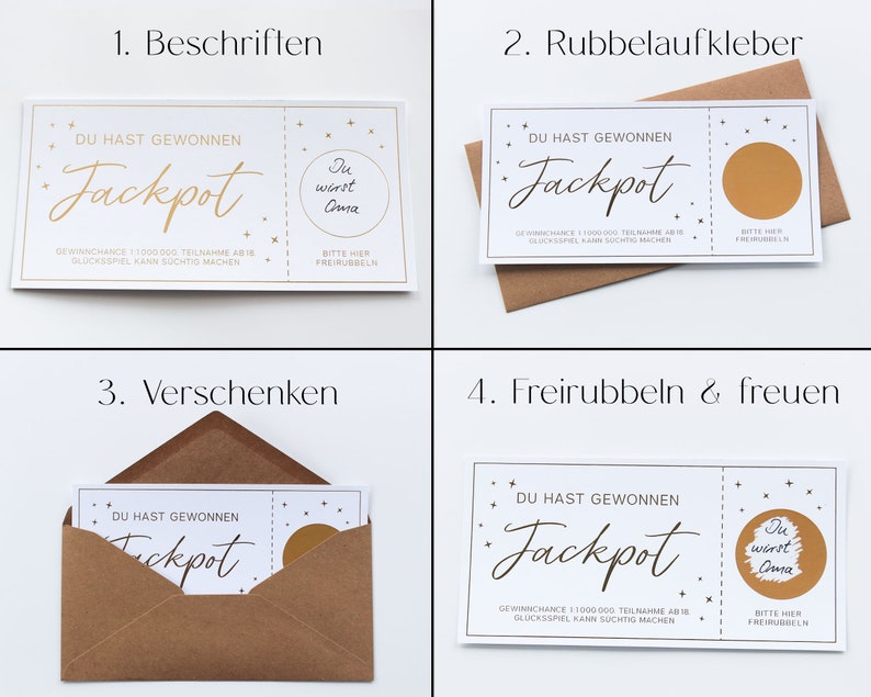 May include: A four-part instructional graphic showing a white rectangular lottery-style ticket with gold text reading DU HAST GEWONNEN Jackpot and Du wirst Oma. The ticket features a gold scratch-off circle and small star icons, paired with a brown envelope.