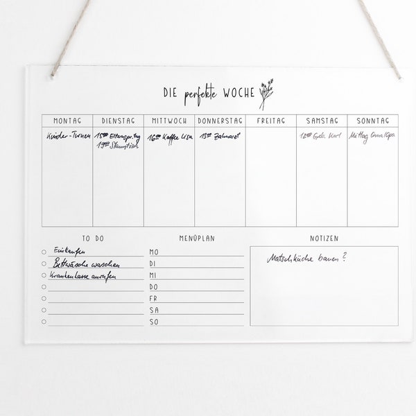 Weekly planner A3 acrylic | Wall planner for the week can be wiped clean | Wall calendar | To Do List | Menu planner | Acrylic glass