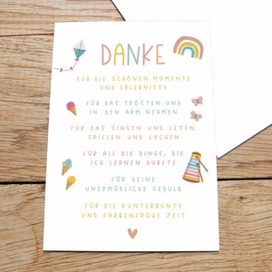May include: A colorful thank you card with a rainbow, a kite, ice cream cones, a xylophone, and butterflies. The card says "Danke" and includes the text "For the beautiful moments and experiences, for the comfort and holding in your arms, for the singing and reading, playing and laughing, for all the things I was able to learn, for your tireless patience, for the colorful and joyful time."