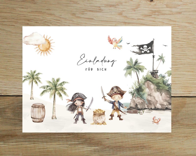 May include: A white card with a watercolor illustration of two pirates, a boy and a girl, standing on a beach with a treasure chest. The card has the text "Einladung f&uuml;r dich" which translates to "Invitation for you".