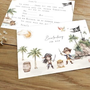 May include: A printable invitation card with a pirate theme. The card features a watercolor illustration of two pirates, a treasure chest, palm trees, and a pirate ship. The text on the card reads "Einladung f&uuml;r dich" which translates to "Invitation for you".