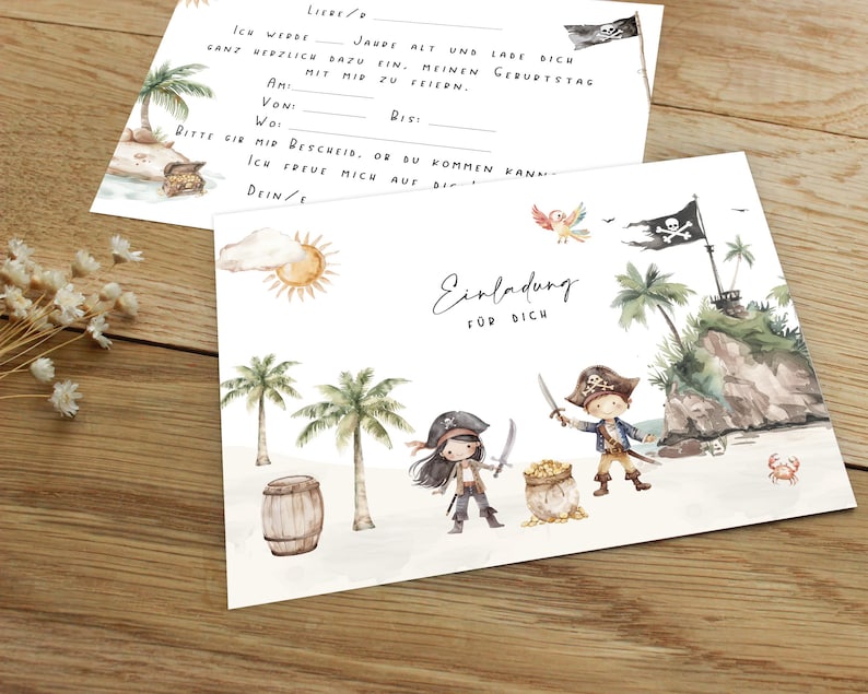 May include: A printable invitation card with a pirate theme. The card features a watercolor illustration of two pirates, a treasure chest, palm trees, and a pirate ship. The text on the card reads "Einladung f&uuml;r dich" which translates to "Invitation for you".