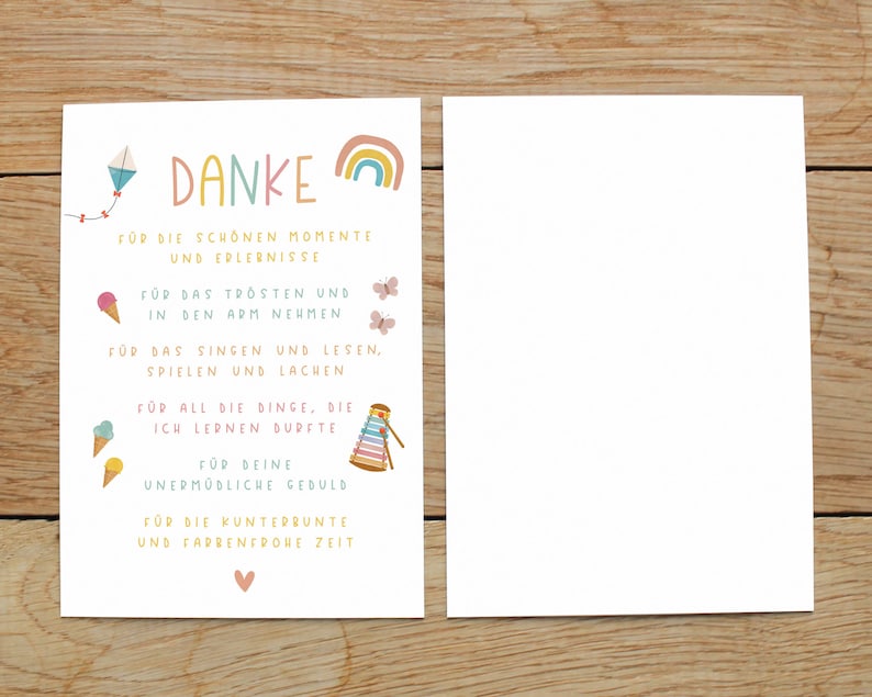 May include: A thank you card with a rainbow and a kite illustration. The card says "Danke" and lists reasons for gratitude, including "for the beautiful moments and experiences", "for comforting and holding", "for singing and reading", "for all the things I learned", "for your endless patience", and "for the colorful and joyful time".