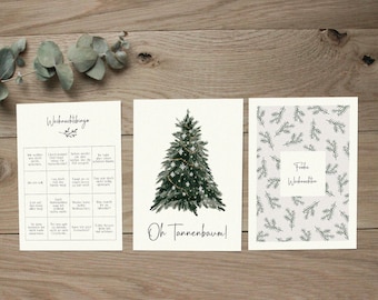 Ensemble de 3 cartes de Noël | Joyeux Noël | Oh l'arbre de Noël | Bingo de Noël | Cartes postales de Noël avec enveloppe | Carte postale de Noël