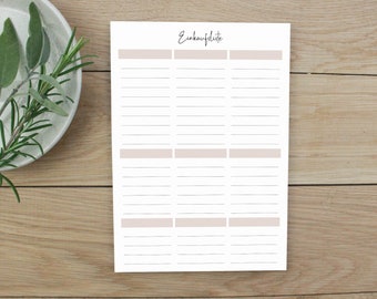 Shopping list with freely selectable categories | DIN A5 | Notepad | Menu plan | shopping list | shopping block | beige