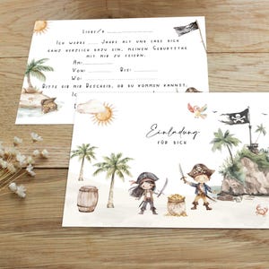 May include: A printable invitation for a pirate-themed birthday party. The invitation features a cartoon pirate girl and boy, a treasure chest, and palm trees. The text on the invitation reads "Einladung fur dich" which means "Invitation for you" in German.