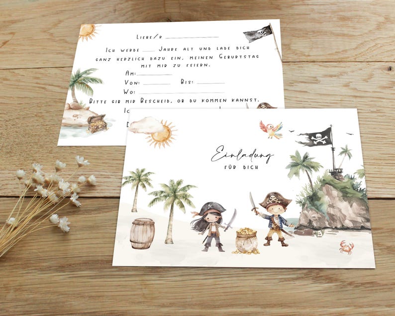 May include: A printable invitation for a pirate-themed birthday party. The invitation features a cartoon pirate girl and boy, a treasure chest, and palm trees. The text on the invitation reads "Einladung fur dich" which means "Invitation for you" in German.