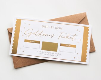 Billet d'or | Carte à gratter | Cadeau surprise | Carte de bon personnalisée | Bon à remplir soi-même avec des cartes à gratter