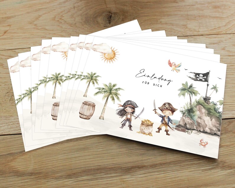 May include: A stack of white invitation cards with a pirate theme. The cards feature illustrations of two pirates, palm trees, a treasure chest, and a pirate ship. The text on the card reads "Einladung f&uuml;r dich".