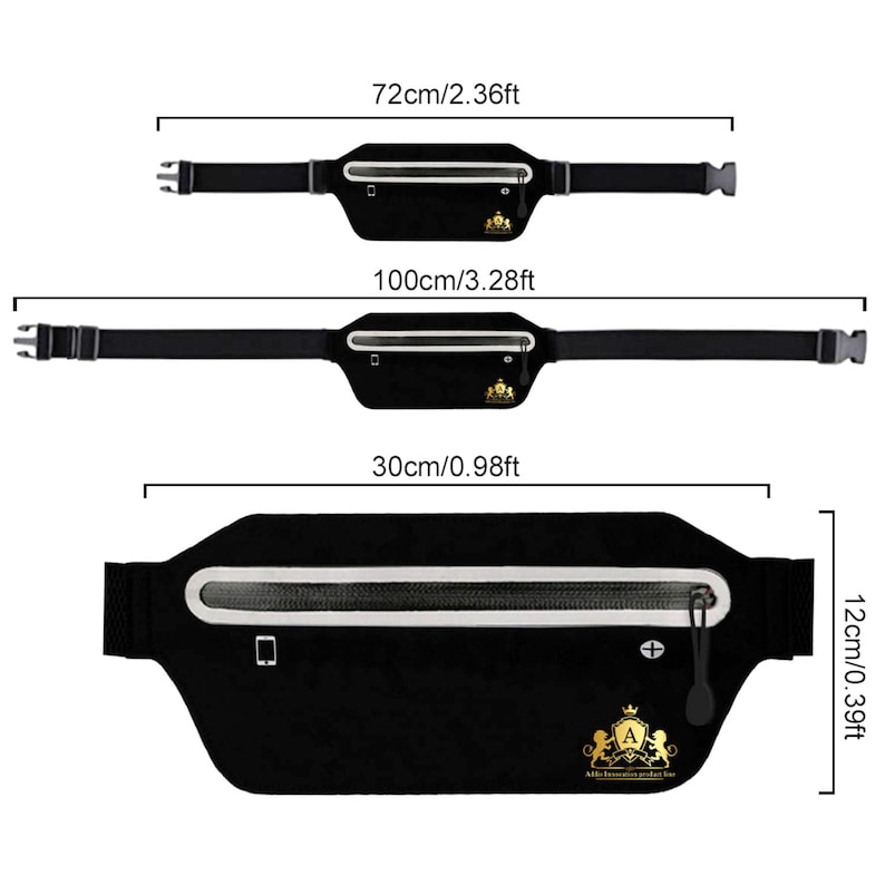 Puede incluir: Cintur&oacute;n de running negro con un bolsillo con cremallera y un peque&ntilde;o logotipo. El cintur&oacute;n mide 30 cm de largo y 12 cm de ancho. El cintur&oacute;n se muestra en tres tama&ntilde;os diferentes: 72 cm, 100 cm y 30 cm.