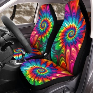 Tie Dye Car Seat Covers, Psychedelic Pink Car Seat Covers, Matching front seat covers for a car, Colorful car seat covers for vehicle